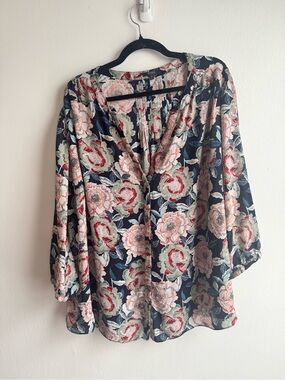 NYDJ Floral V-Neck Blouse - Navy with Pink Floral
